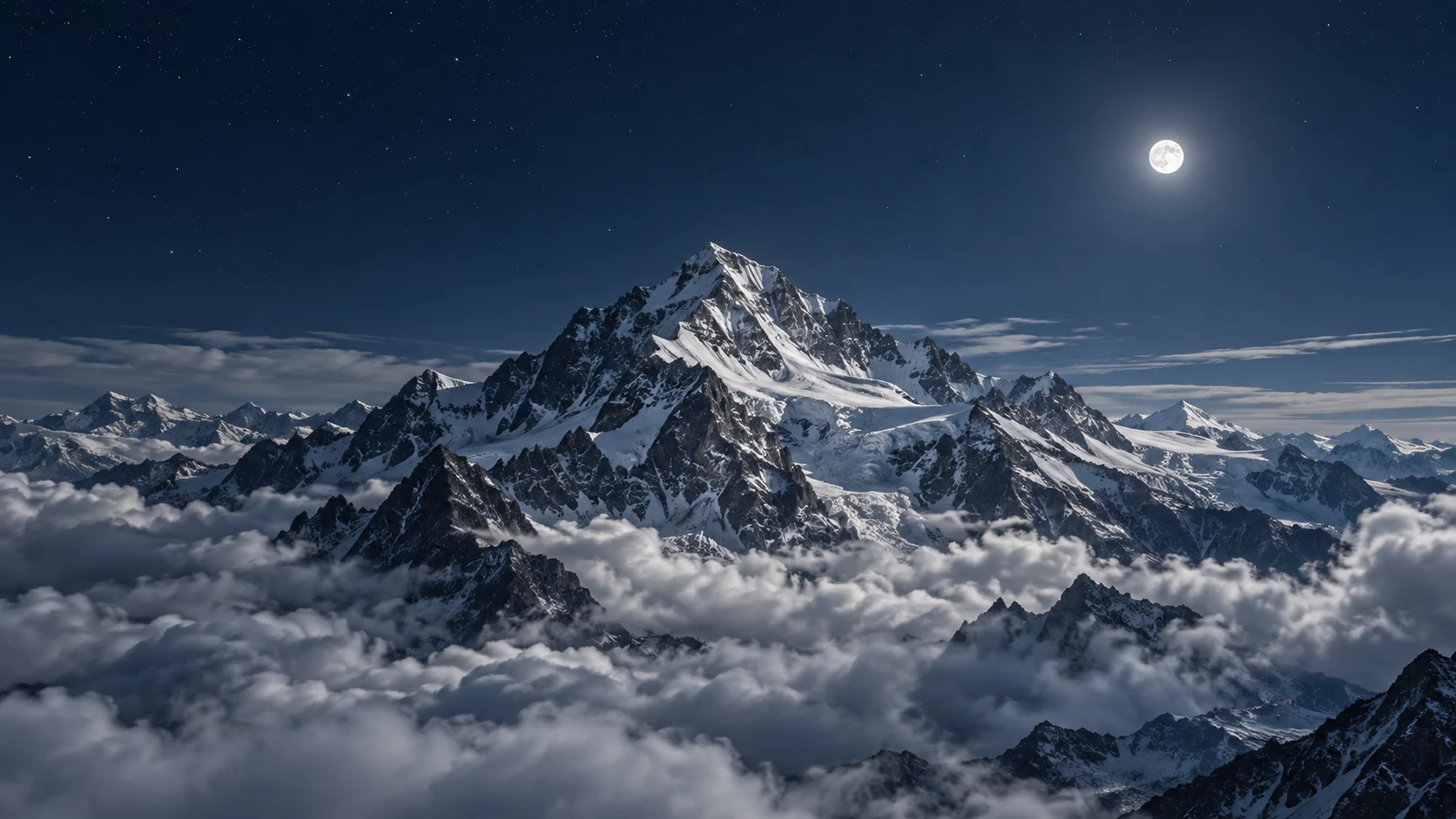 Moonlit mountain summit rising above clouds